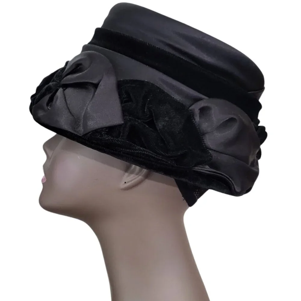 VINTAGE 50's 60's Union Made Black Velvet & Gray Bow Hat - Women's Size 20-21" - Picture 4 of 9